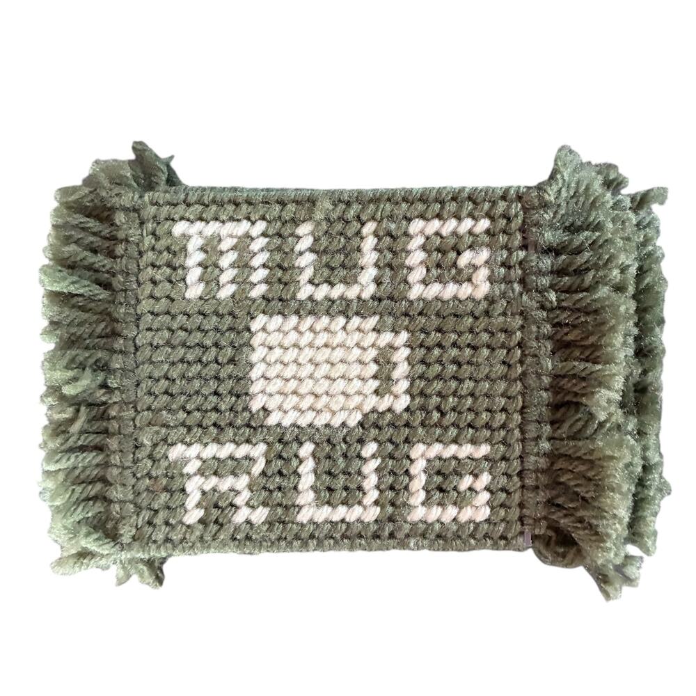 Vintage Handmade Plastic Canvas Mug Rugs Coasters Set Holder Olive Green
